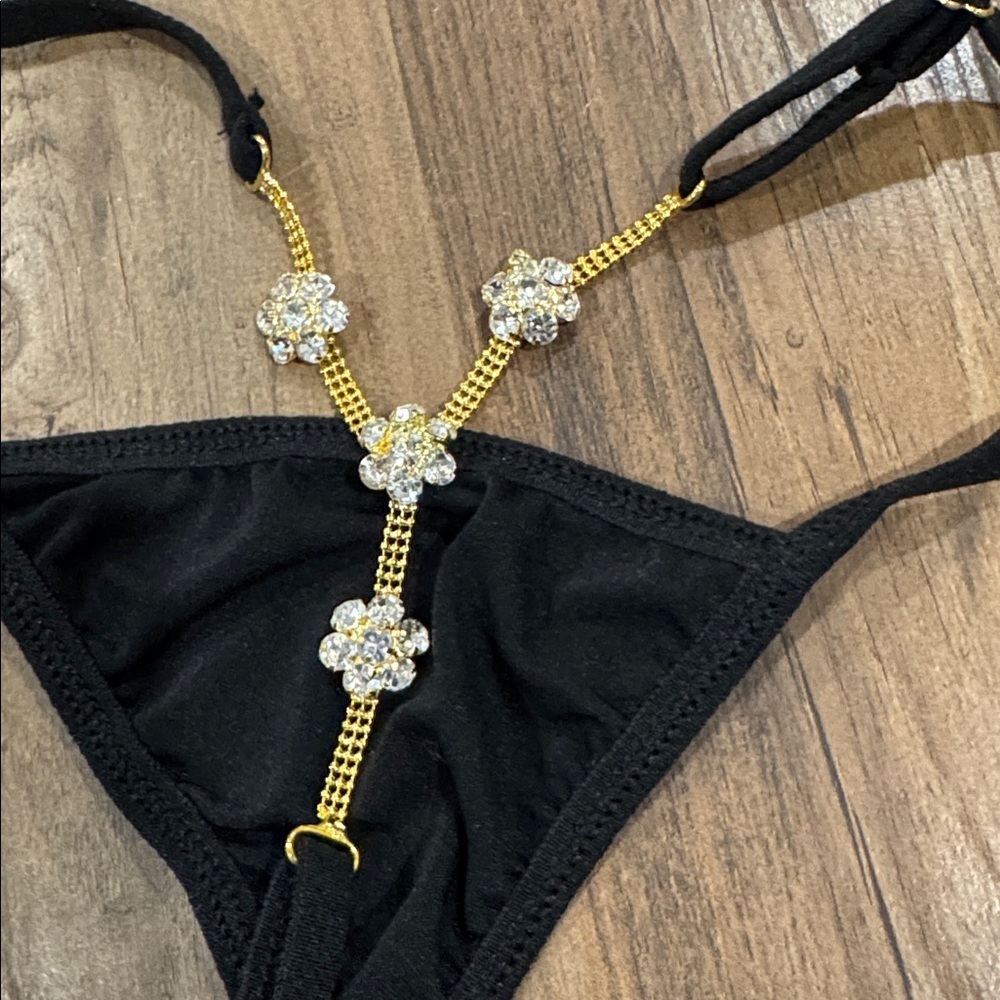 Black Strappy Thong with Gold Accents